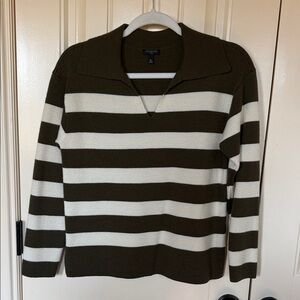 Talbots Olive & Cream Striped V‑Neck Collared Sweater
